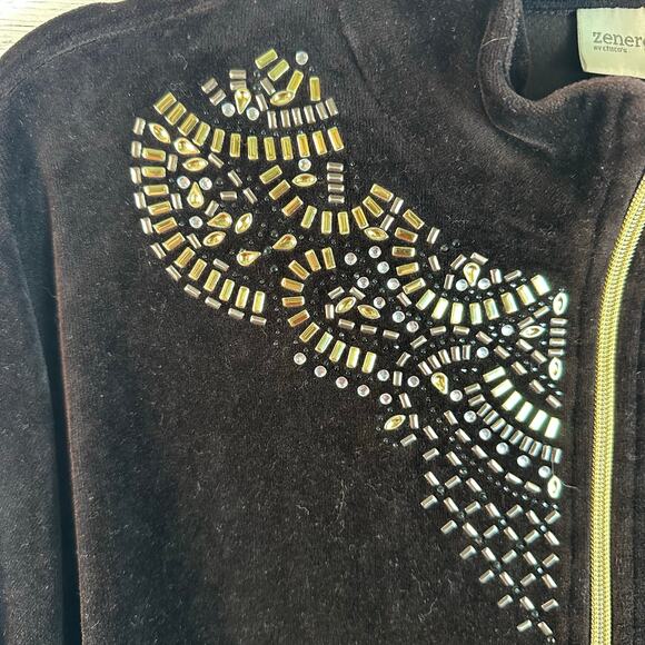 Zenergy by Chico’s velvet jacket, dark brown, gold & silver sequence zip front - Picture 2 of 10